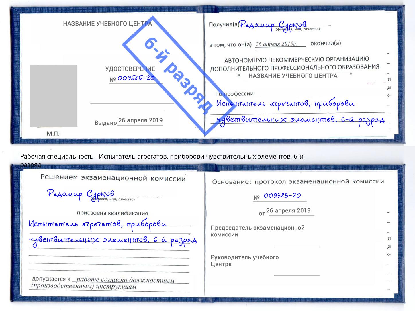 корочка 6-й разряд Испытатель агрегатов, приборови чувствительных элементов Тында