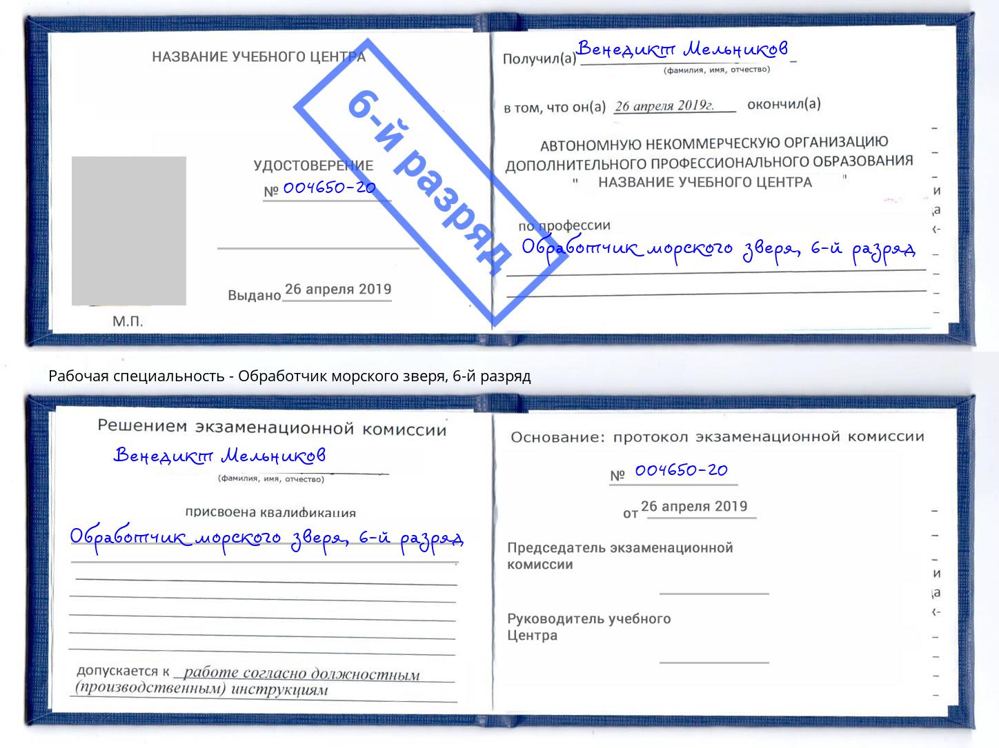 корочка 6-й разряд Обработчик морского зверя Тында