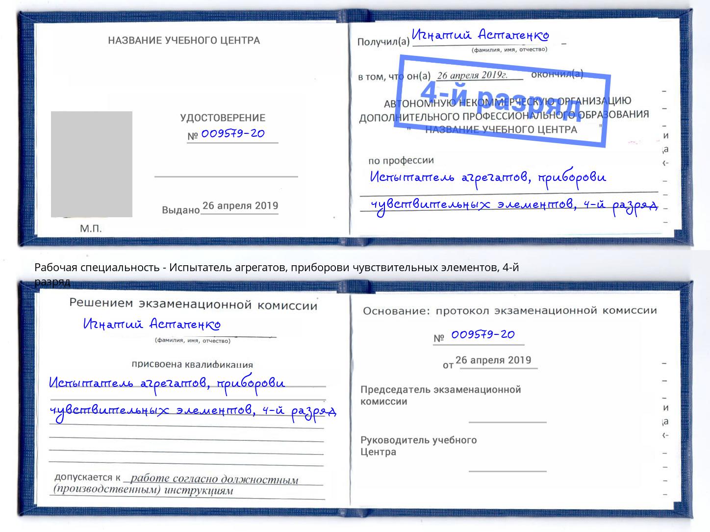корочка 4-й разряд Испытатель агрегатов, приборови чувствительных элементов Тында