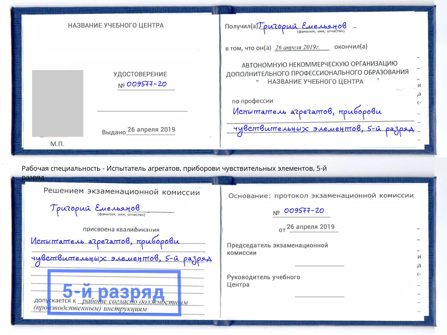 корочка 5-й разряд Испытатель агрегатов, приборови чувствительных элементов Тында