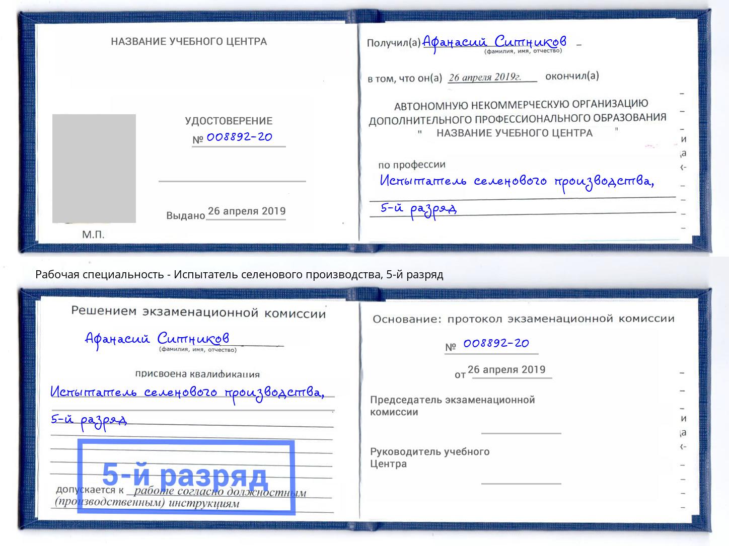 корочка 5-й разряд Испытатель селенового производства Тында