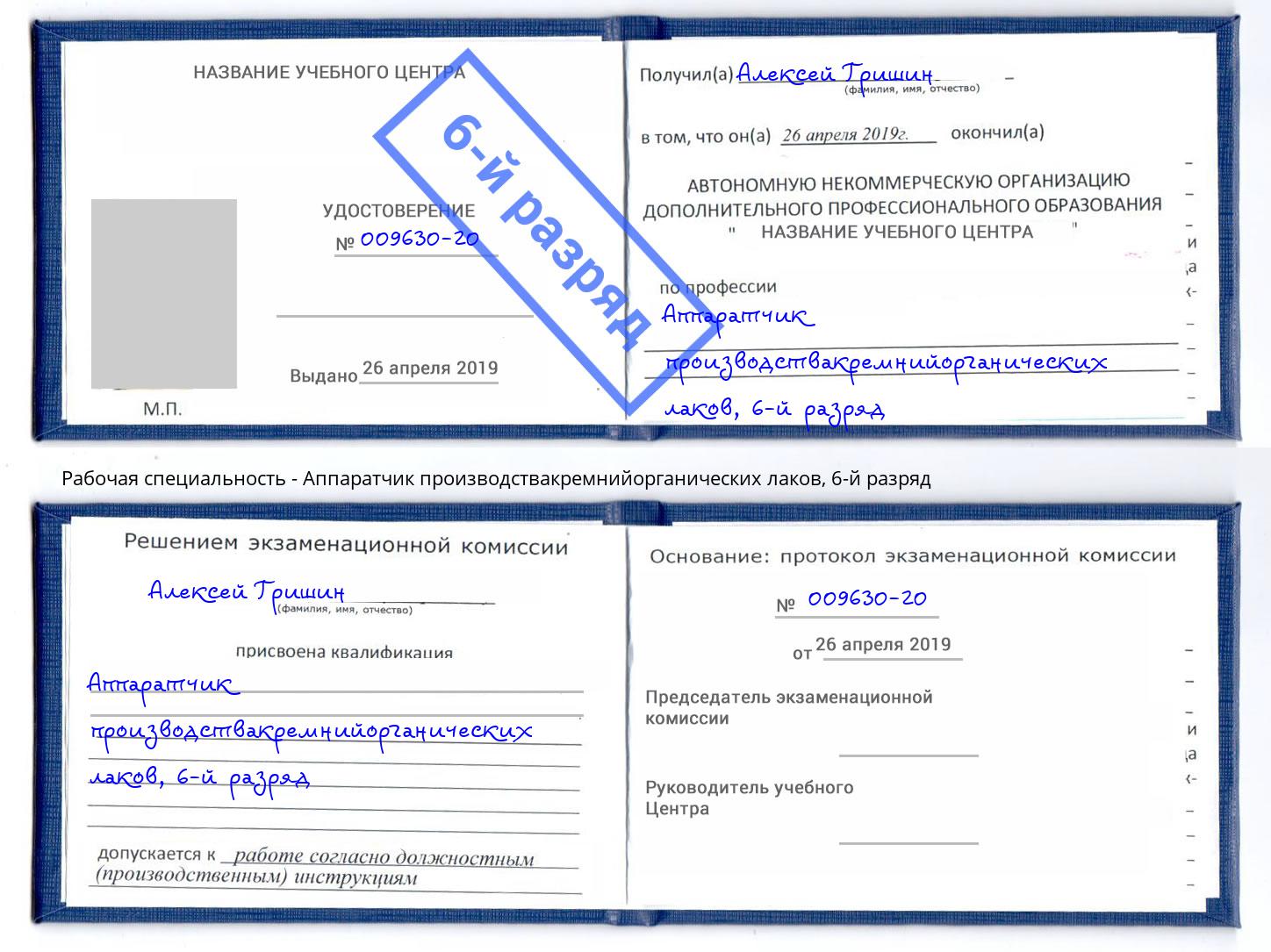 корочка 6-й разряд Аппаратчик производствакремнийорганических лаков Тында