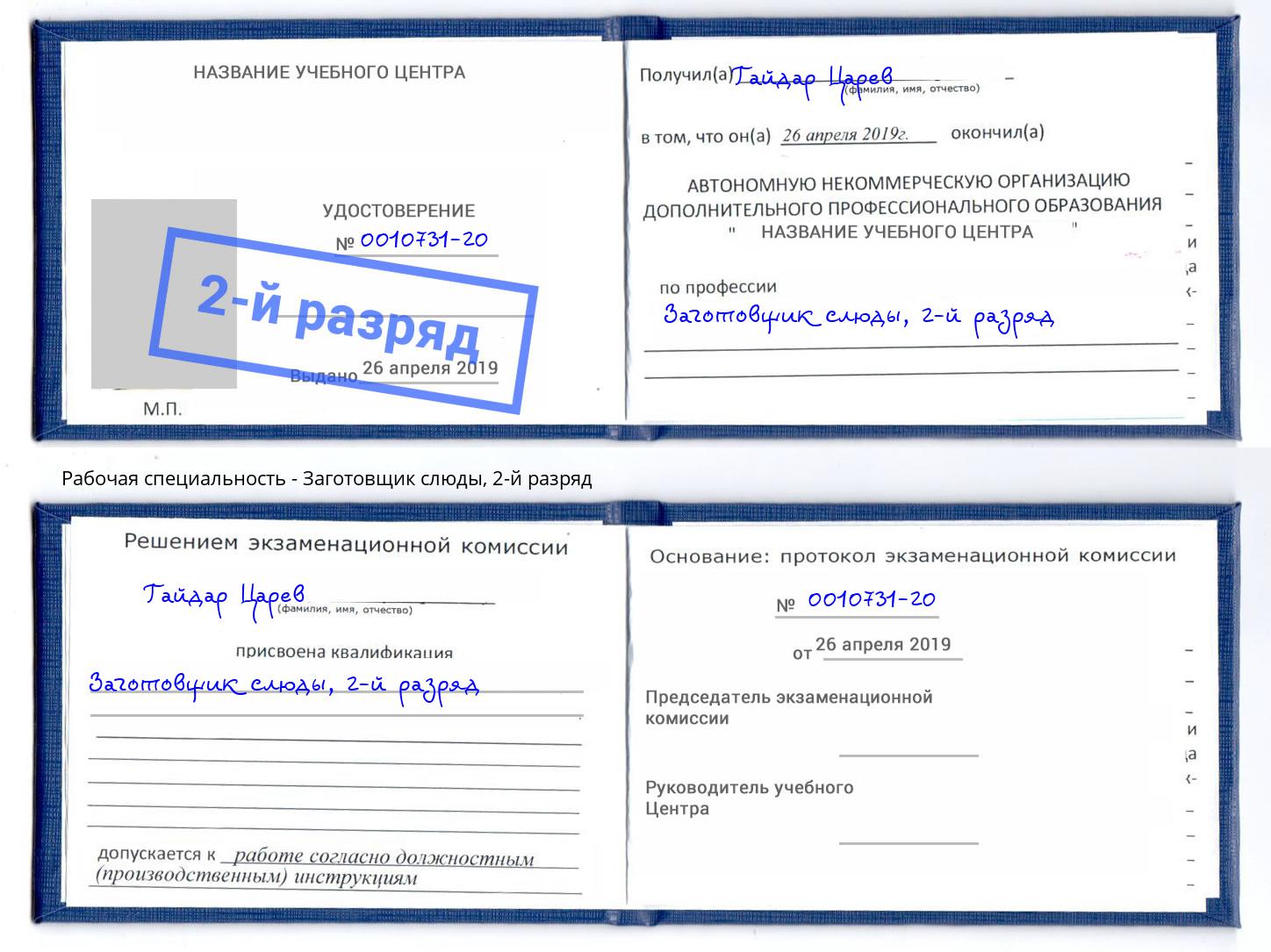 корочка 2-й разряд Заготовщик слюды Тында
