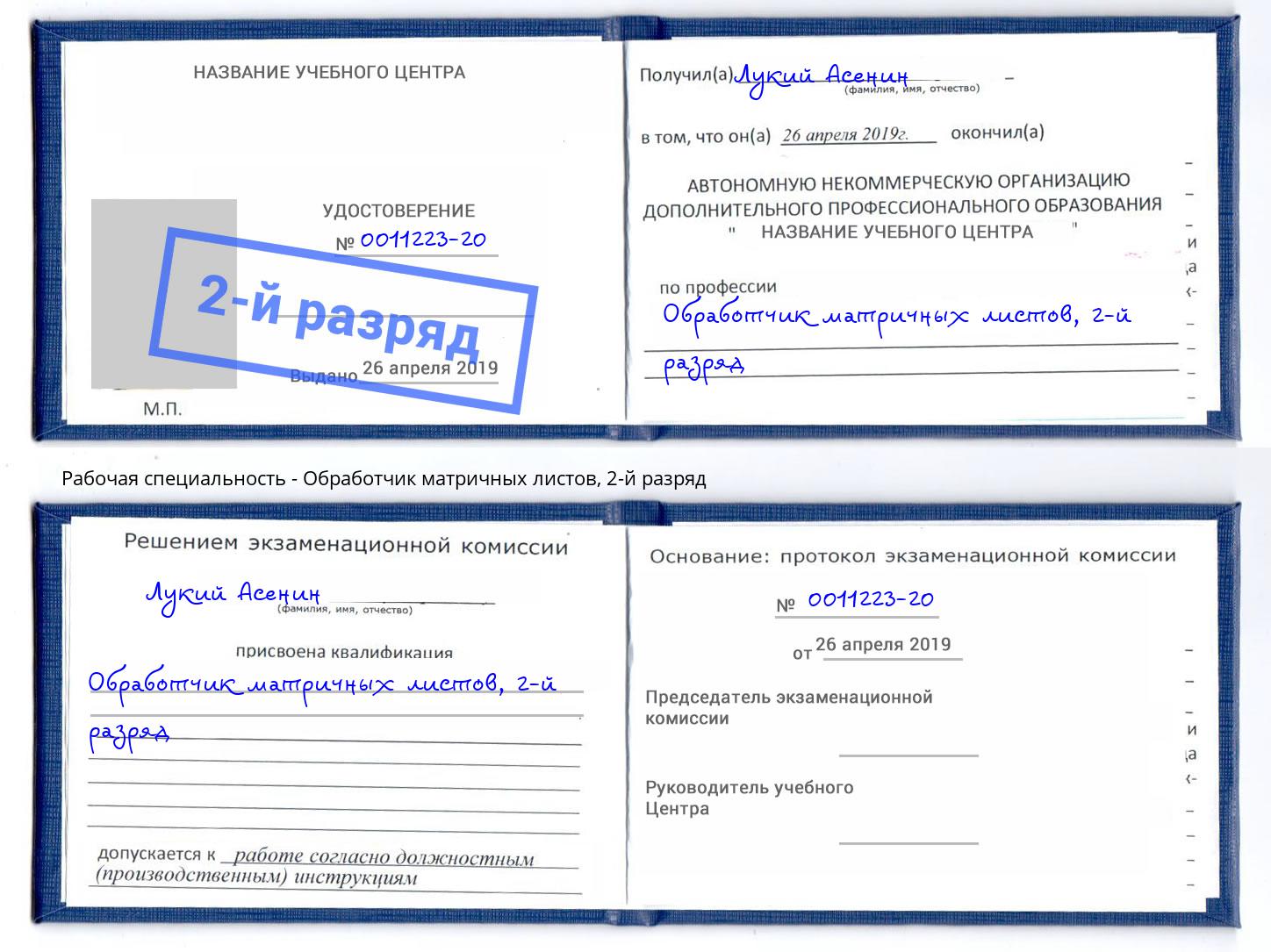 корочка 2-й разряд Обработчик матричных листов Тында