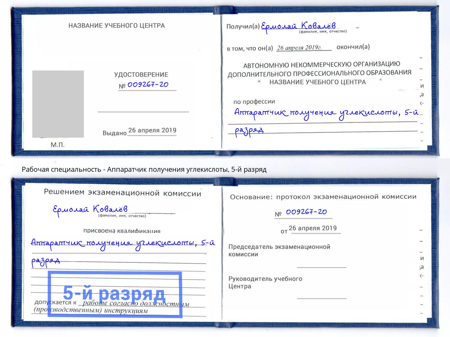 корочка 5-й разряд Аппаратчик получения углекислоты Тында