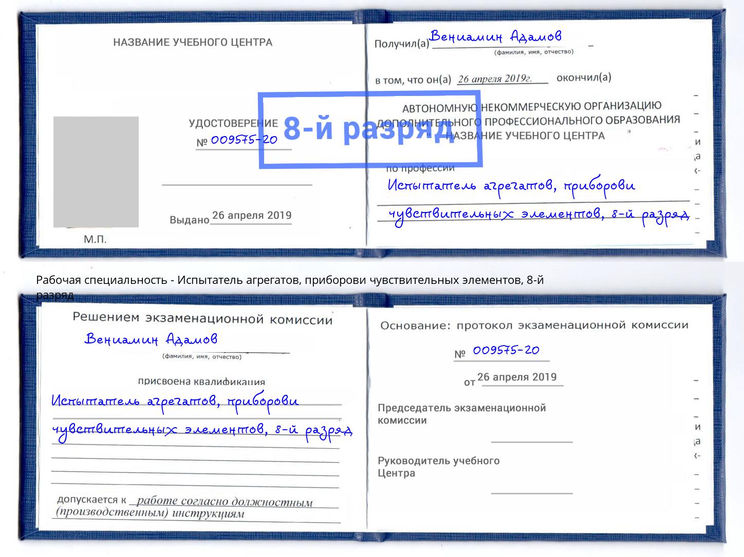 корочка 8-й разряд Испытатель агрегатов, приборови чувствительных элементов Тында